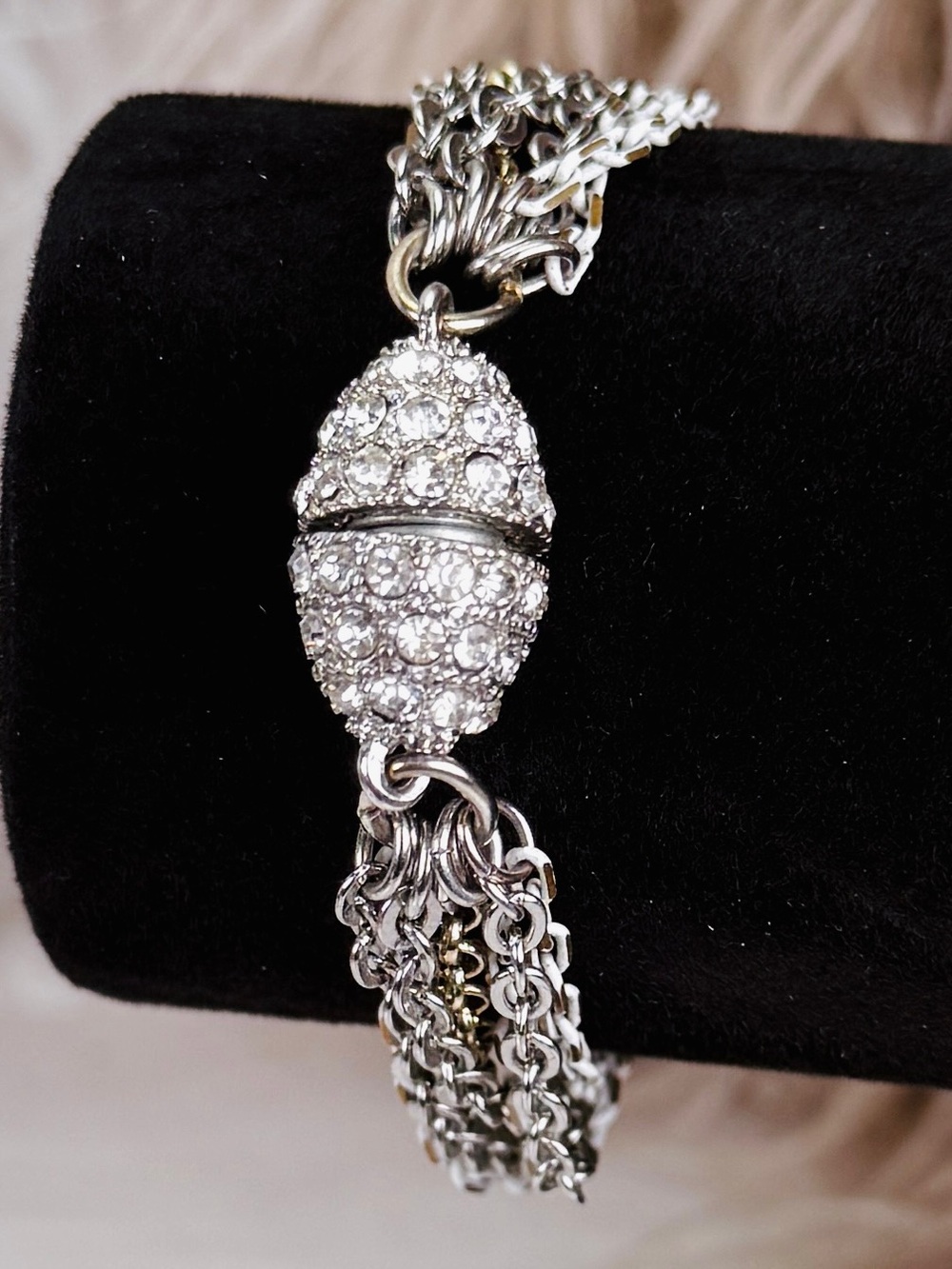 Vintage Mixed Metal Multi Chain Bracelet Magnetic Faceted Statement Clasp